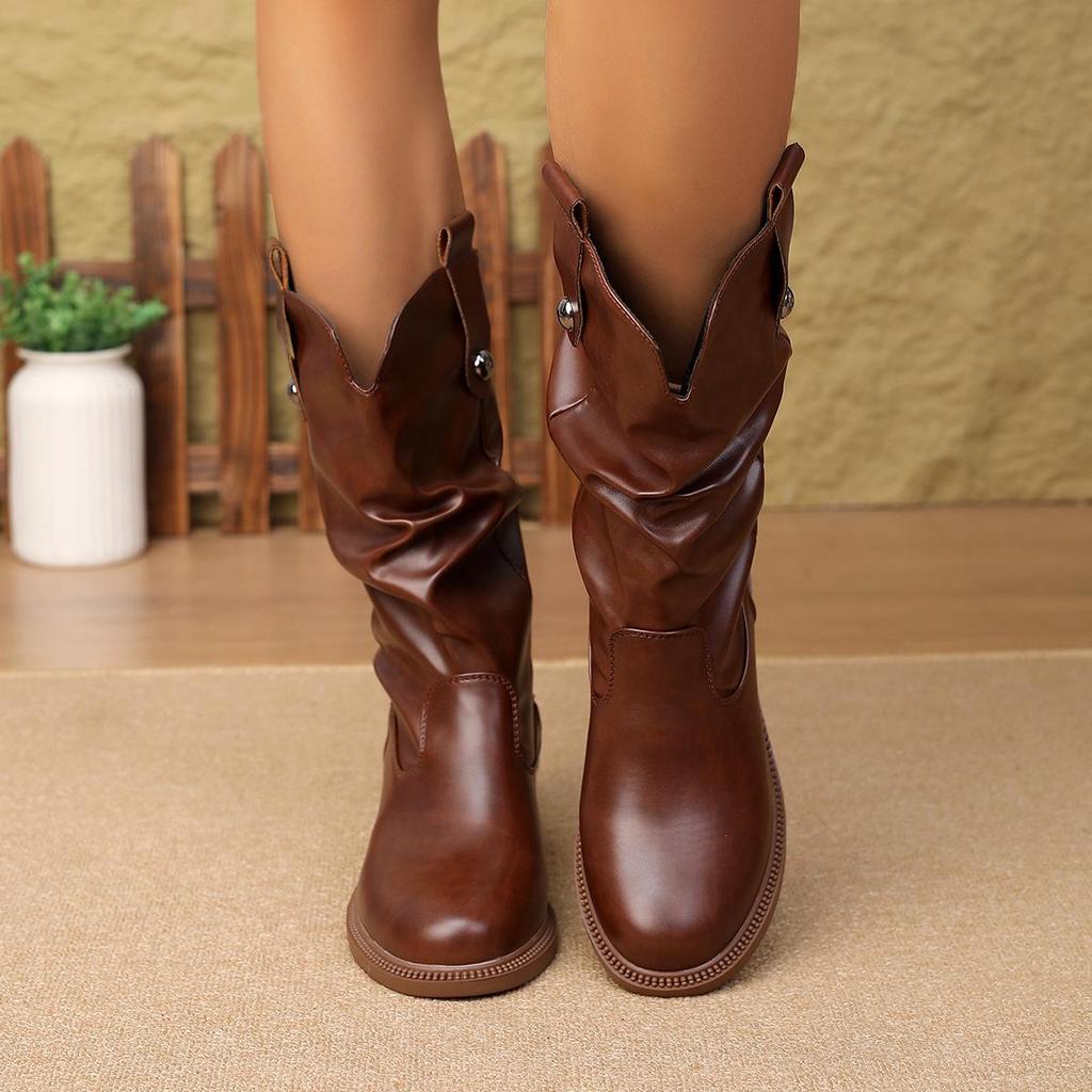 Women's Soft Leather Mid-Calf Chunky Heel Chelsea Boots for Spring and Autumn