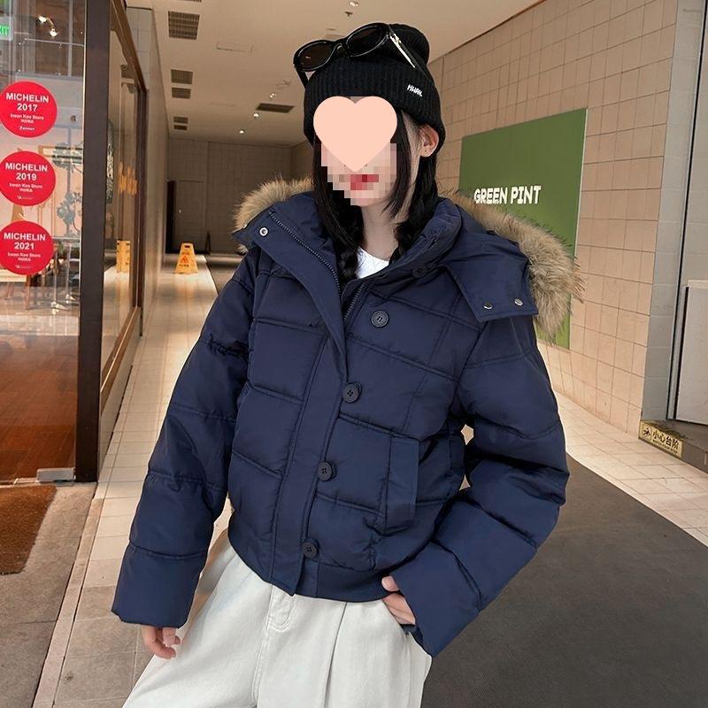 Women's Dark Blue Retro Winter Fur Collar Hooded Short Cotton Coat