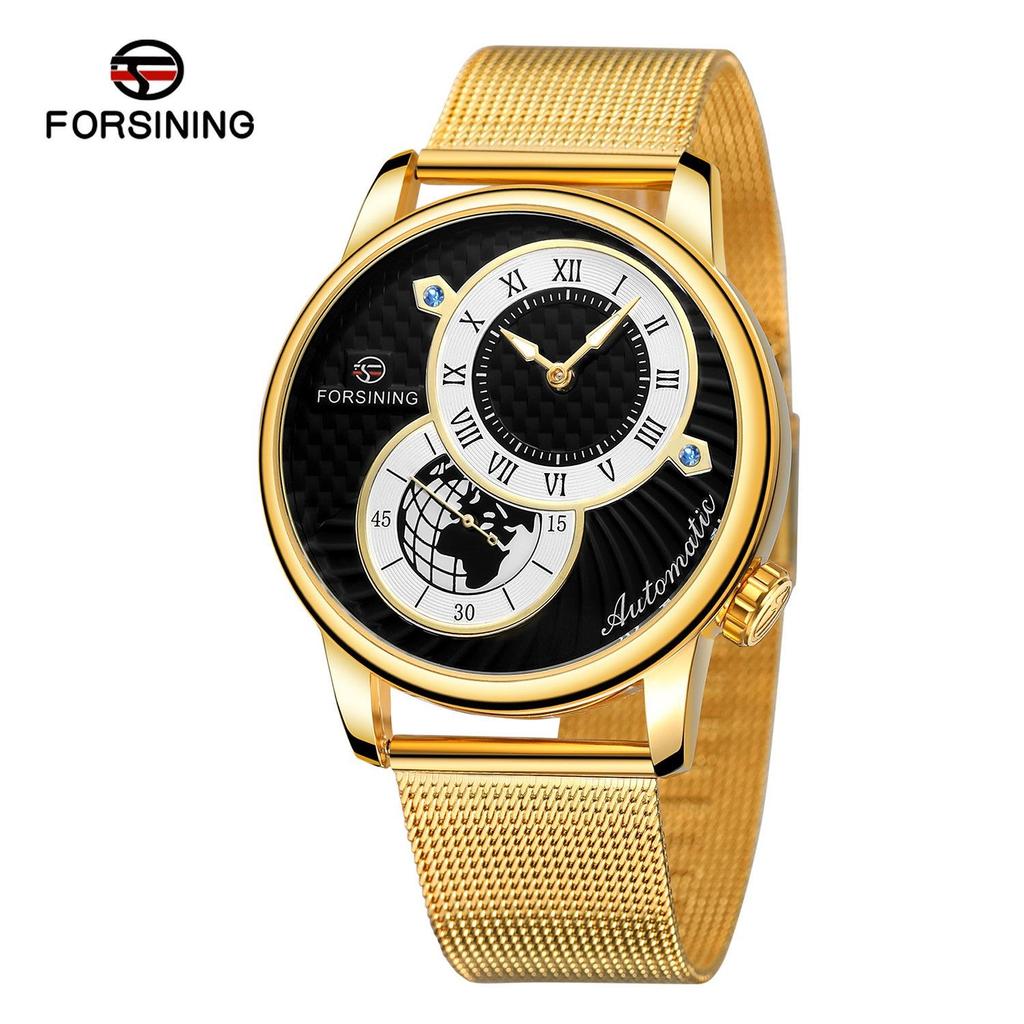 FORSINING Automatic Mechanical Wristwatch Military Sport Male Clock Luxury Golden Case Creative Dial Men Stainless Steel Mesh Strap Watch
