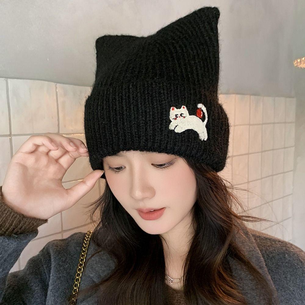 Embroidered Cat Cat's Ears Knitted Hat Soft Woolen Hat Sweet Warm Cap  Outdoor