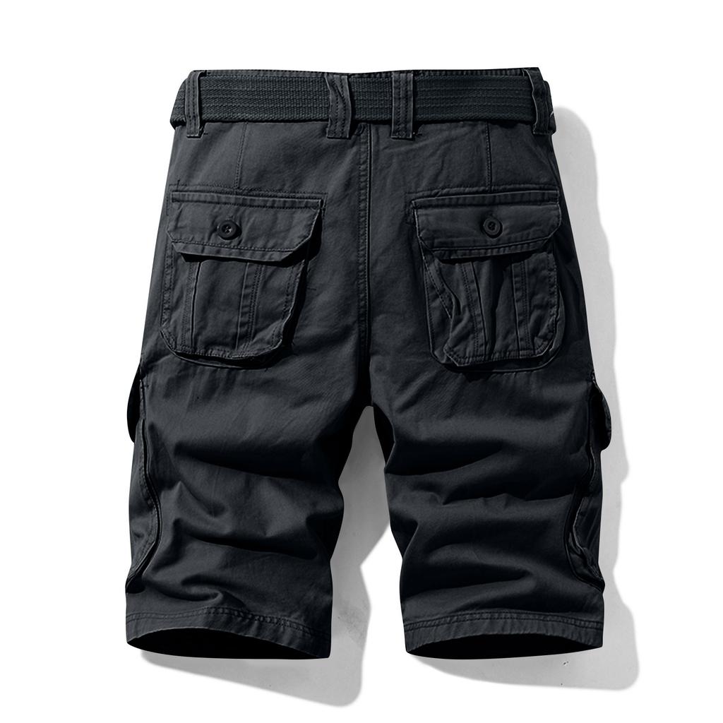 Men's Solid Color Work Pants, Cotton Six Quarter Pants, Retro Washed Multi Pocket Straight Leg Work Pants