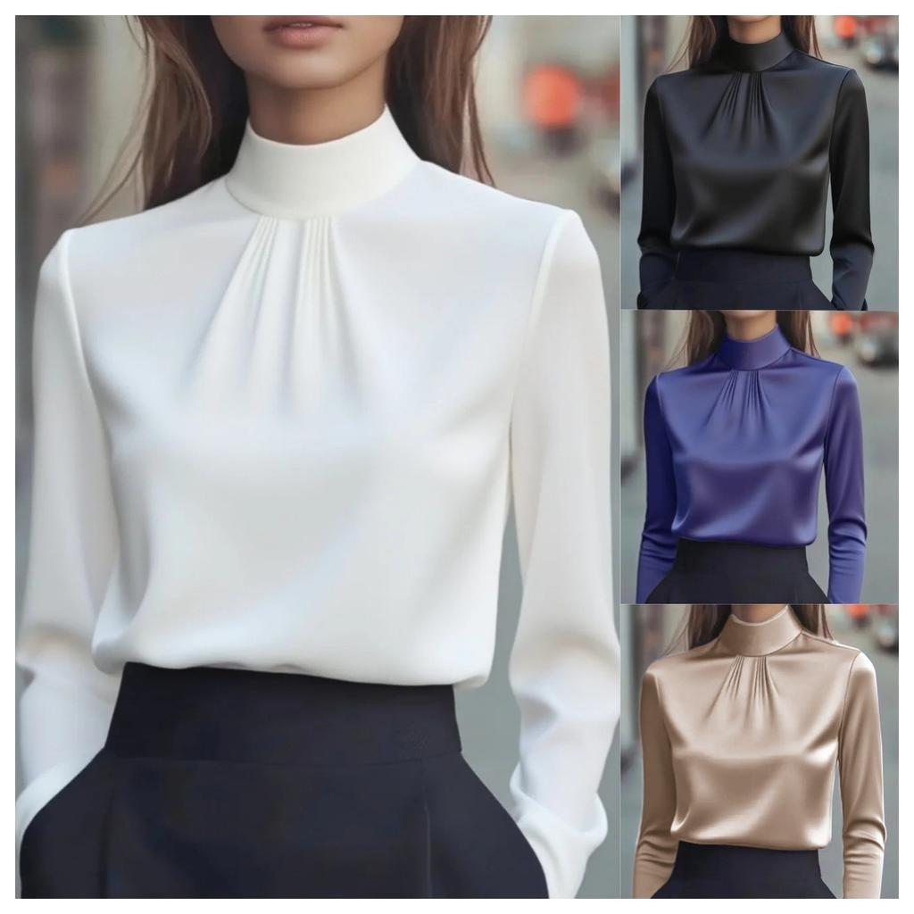 Women's Satin Shirt with Stand Up Collar and Pleated Long Sleeved Top, Elegant and Slimming Shirt for Commuting In The Workplace