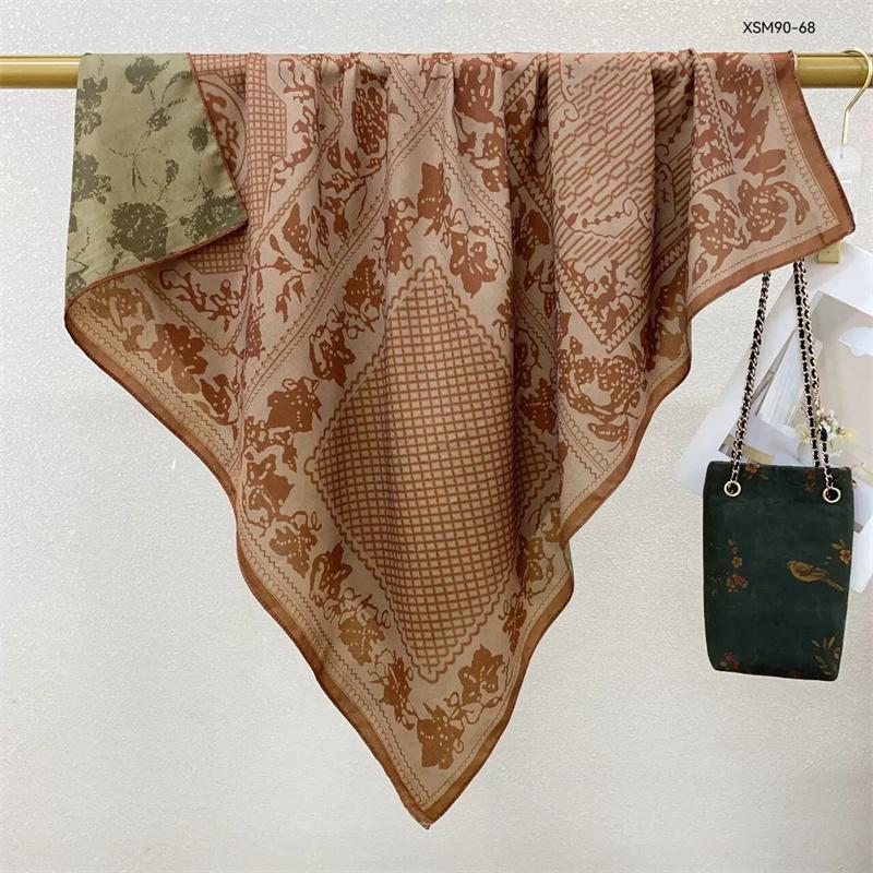 Double-Sided Faux Silk And Wool Printed Scarf For Women Spring And Autumn 90Cm Square Scarf Foulard Bandana Femmel Headscarf