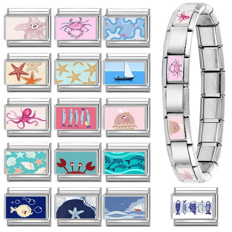 New Deep Sea Fish Ship Starfish Shell Crab Conch Italian Charm Links Fit 9MM Stainless Steel Bracelet Women Men DIY Making Gift