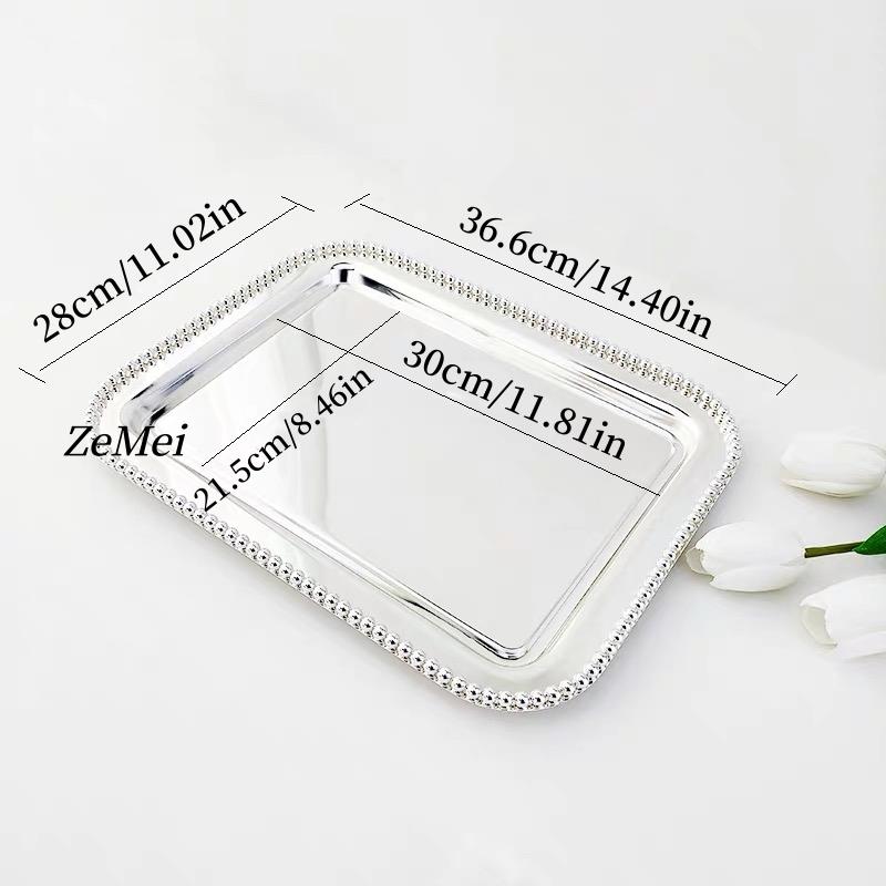

European Style Square Shape Fruit Plate,36 cm Pearl Dot Silver Metal Cake Plate Home Food Tray, Snack Disc Table Decoration 14.40 inches
