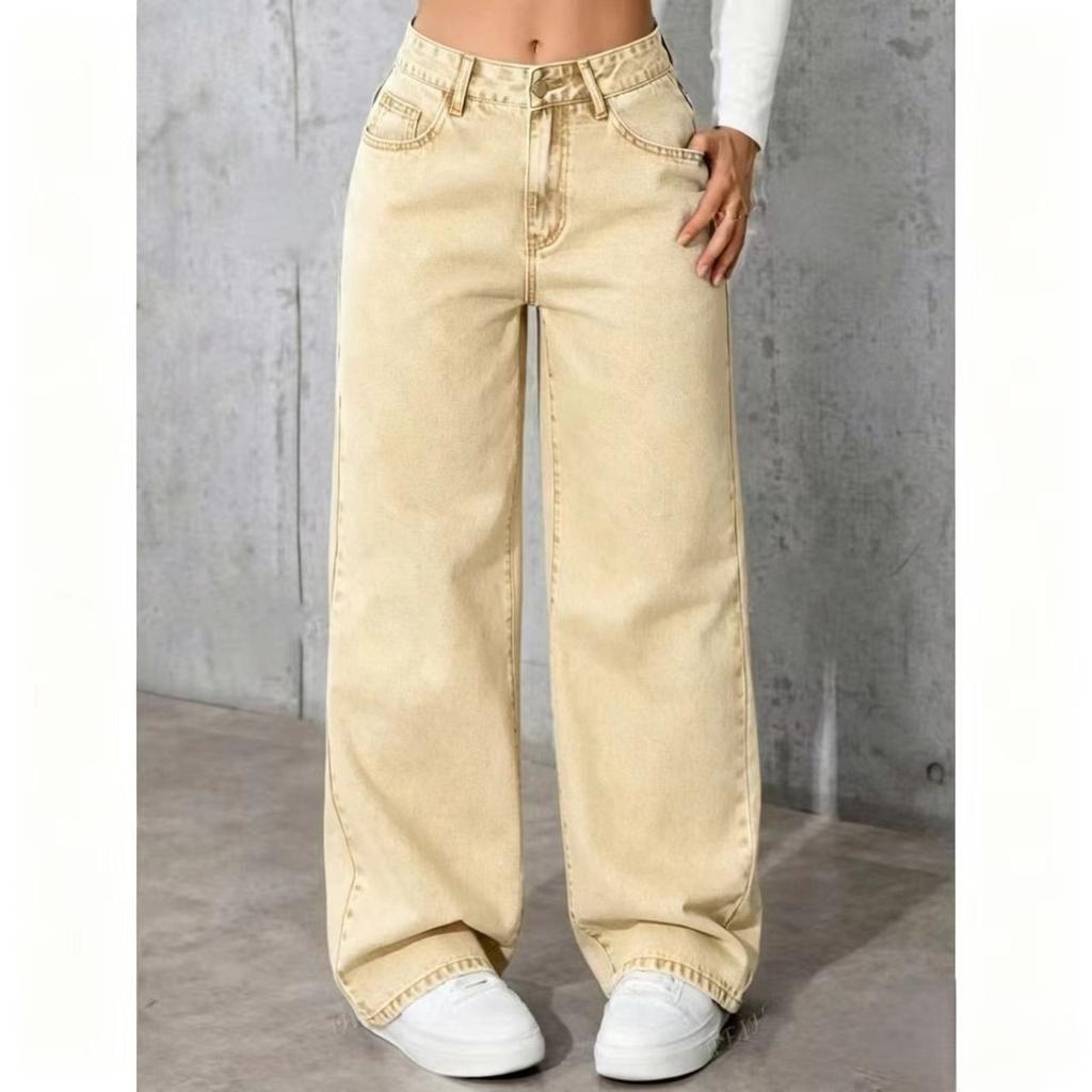 Kadın Yüksek Bel Düz Bacak Kot Pantolon, Bol Geniş Bacak Denim Pantolon, Cepli Asit Yıkamalı Açık Mavi Esnek Kot Pantolon, Günlük Ofis İş Pantolonu