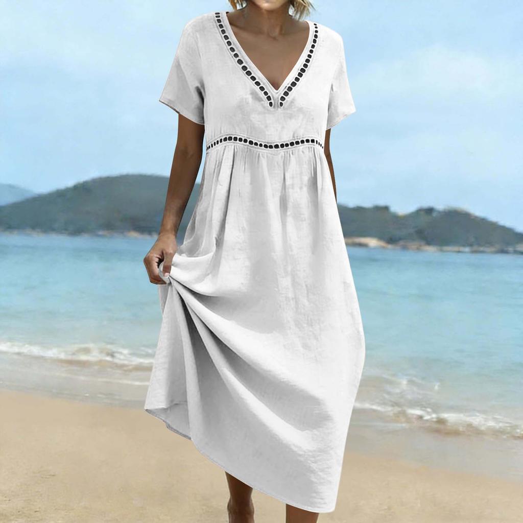Women's Summer Round V-Neck Short-Sleeve -Color Cotton-Linen Dress With Openwork Lace