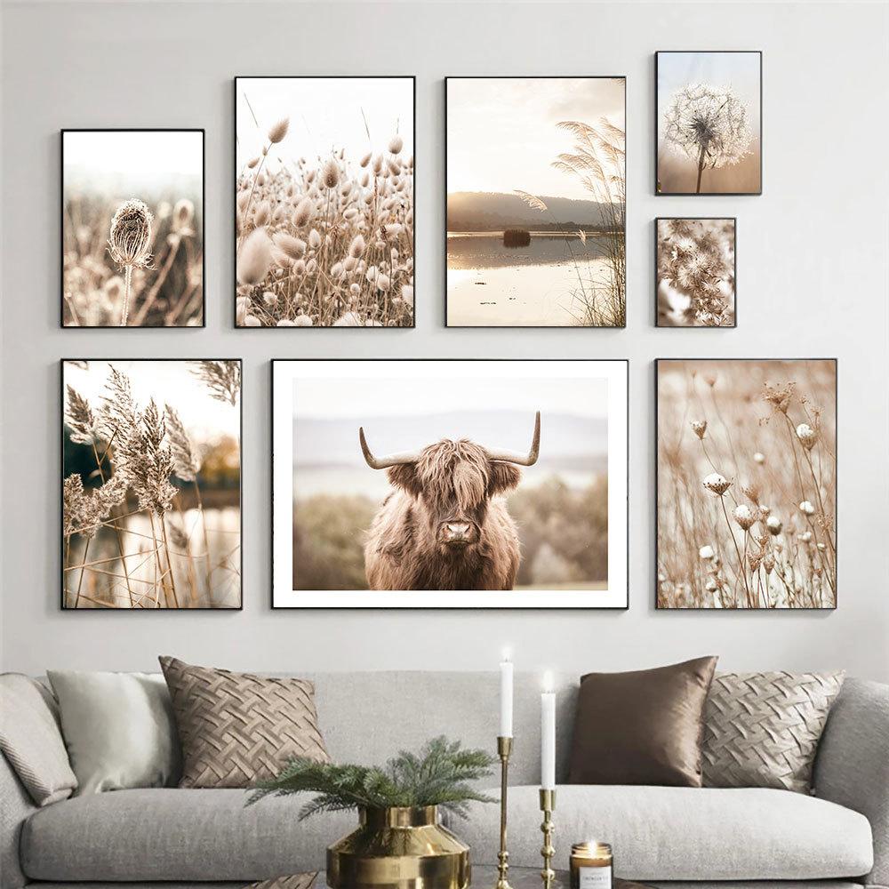 Dried Grass Wall Art Print Nordic Posters Highland Elk Canvas Painting Landscape Dandelion DecorationPictures for Home Room Art