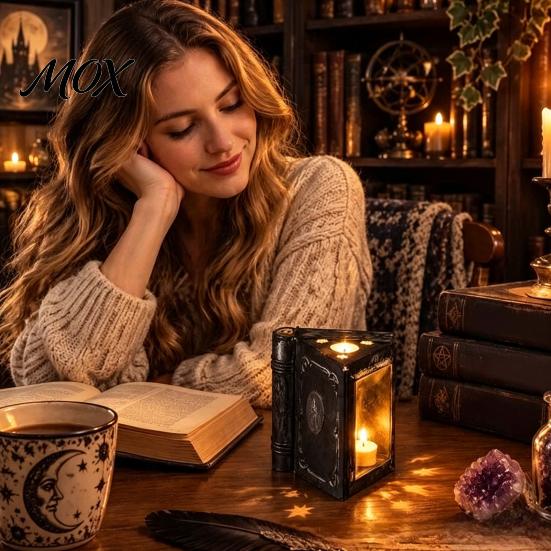 Iron Candle Stands Metal Magic Book Box with Light, Lighted Holder Ornament, Exquisite Decorative Pillar Stand for Living Room Bedroom Office