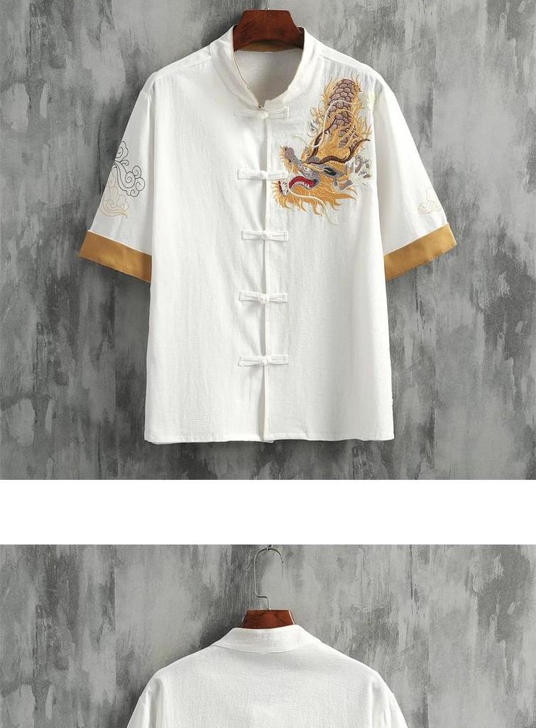 Men's Summer Embroidered Dragon Cotton Linen Shirt - Zen Style Tang Suit