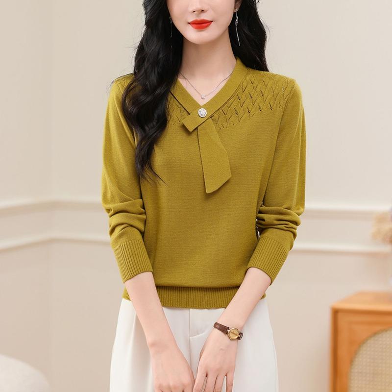 Autumn Winter V-neck Hollow Out Scarf Pullover Knitting Top Women Long Sleeve Solid Casual Bottomed Sweater
