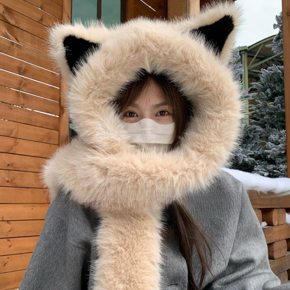 Thicken Integrated Cap Scarf Soft Hooded Scarf Trendy Plush Vixen Ear Beanie Hat Winter