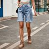 Summer Women Denim Shorts Mid Waisted Knee Length Stretchy Casual Wide Straight Leg Distressed Cuffed Jeans Short Pants with Pockets
