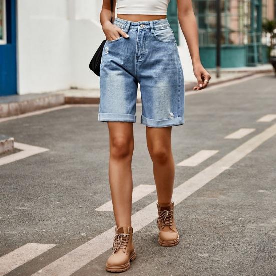 Summer Women Denim Shorts Mid Waisted Knee Length Stretchy Casual Wide Straight Leg Distressed Cuffed Jeans Short Pants with Pockets