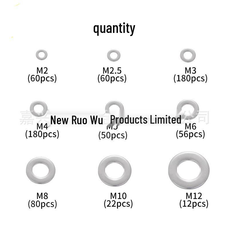 Stainless Steel Flat Washers M2-12, 700pcs/box Round Metal Combination Washers for Cross-Border Sales