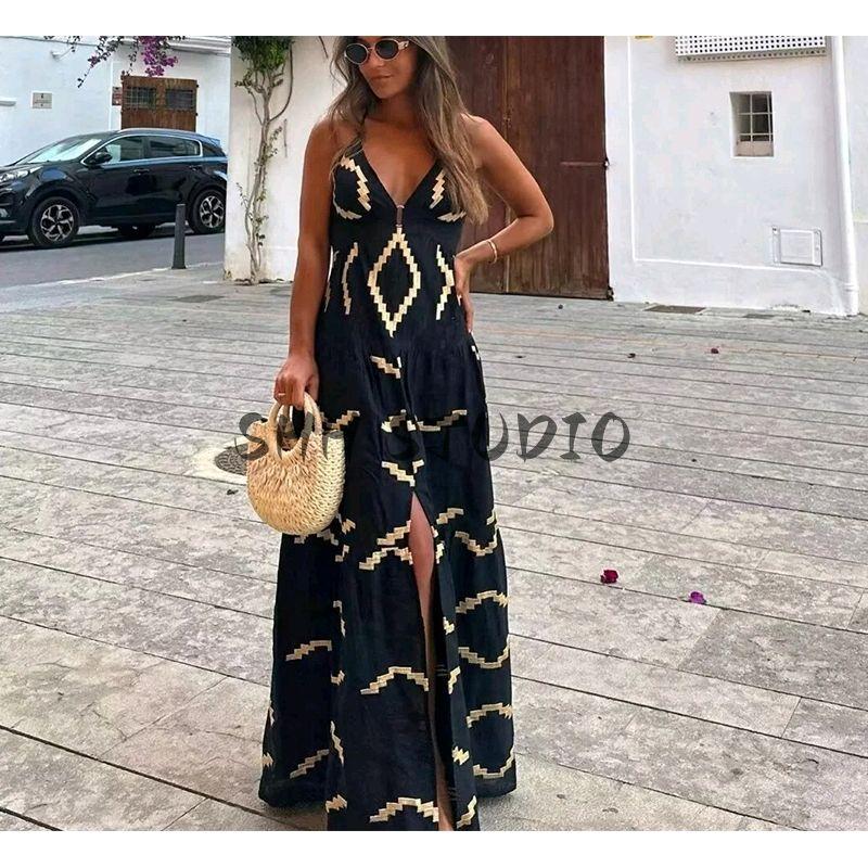 Spring and Summer New Women's Clothing Seaside Vacation Style V Neck Sleeveless Backless High Waist Split Long A- line Dress