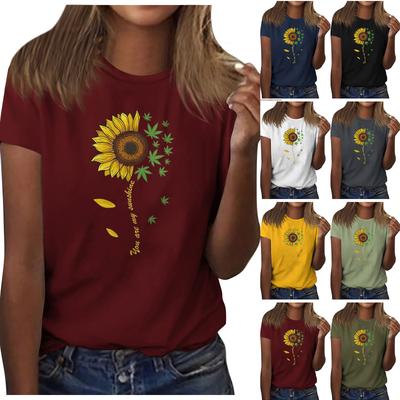 Sunflower Ladies Cute Print Short Sleeve Round Neck Front Shoulder Vintage Short Sleeve Summer Loose Shirt Top