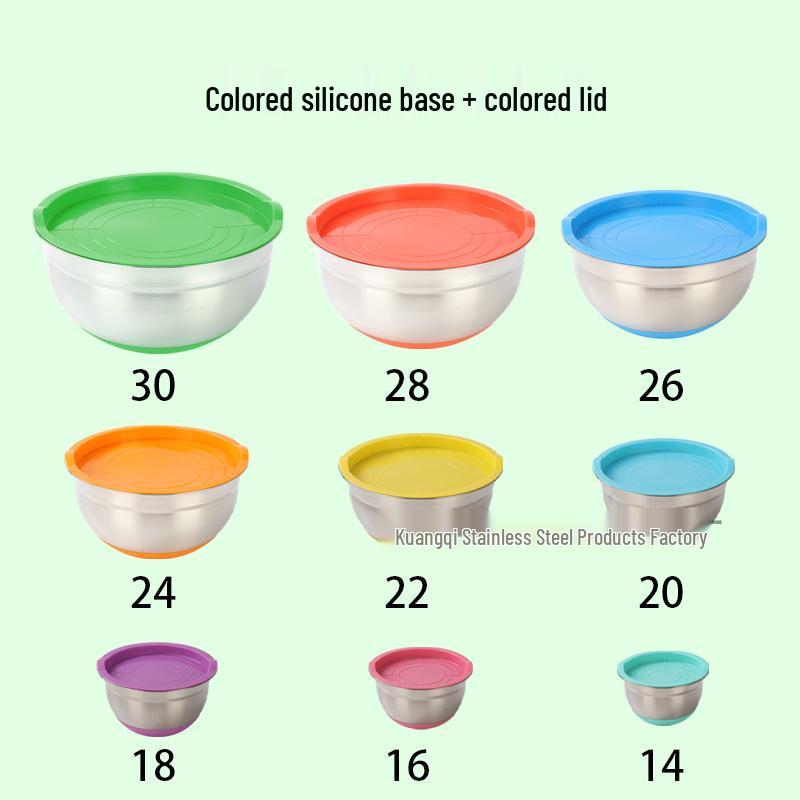 American-Style Silicone-Lidded Salad Bowl Set - Stainless Steel, Multi-purpose for Cooking, Baking, and Egg Beating.