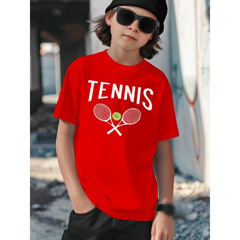 Boys Tennis Racket Green Ball Text Graphic Casual Sports T-Shirt