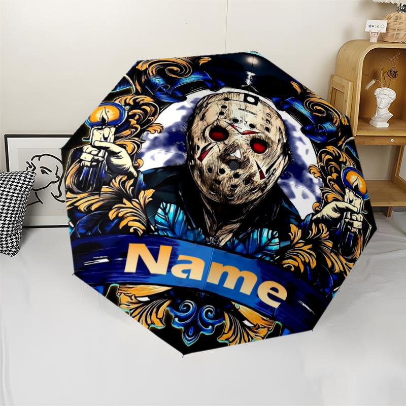 Custom Name Friday the 13th Theme Automatic Umbrella, Lightweight & Portable, 8 Rib, Perfect for Outdoor Travel, Birthdays, Christmas, Gifts.