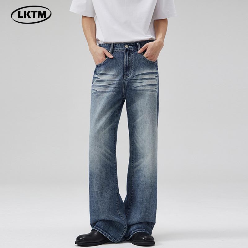

LKTM Unisex Vintage Distressed Washed Blue Micro Flare Jeans with Ripple Cat Whiskers Detail S [Recommended 90-105 lbs]