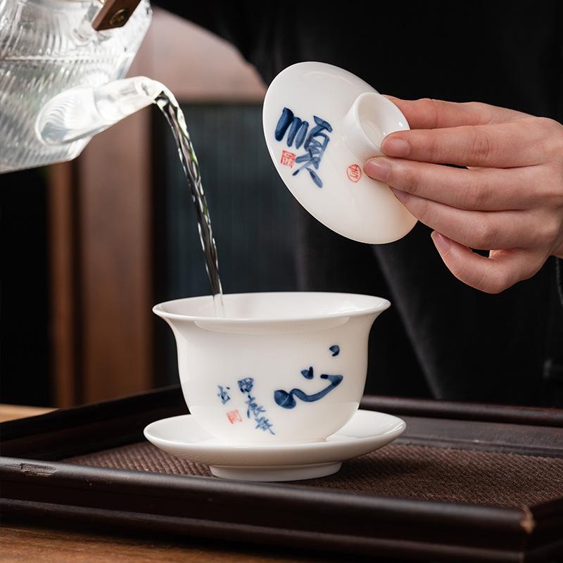 Hand-painted Suet Jade Porcelain Three Talents Cover Bowl Teacup Kung Fu Tea Set Tea Bowl Modern Creative Large-capacity Gifts