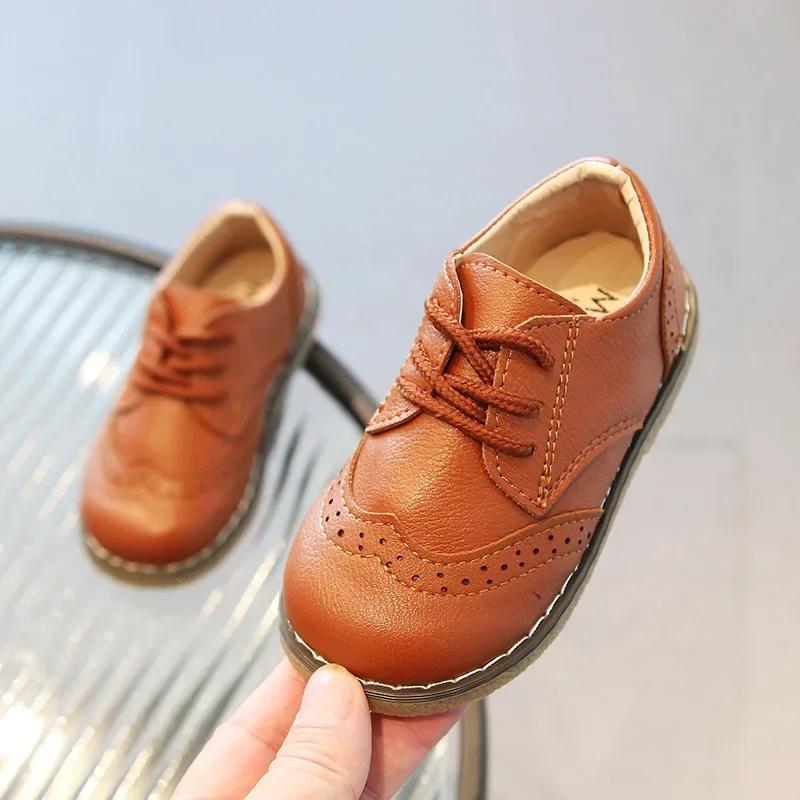 

Boys Leather Shoes 2024 Spring Autumn Children Oxfords Brogue Style Casual Shoes Fashion Lace-up Shoes For Boy Brown, Black CN21 insole 13.5 cm коричневий