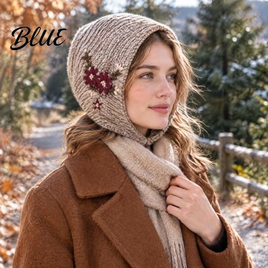 Windproof Warm Headwear Embroidered Knitted Headband Cap Vintage Soft Woolen Ear Versatile Street Photography Hat Warmer Floral Headwrap for