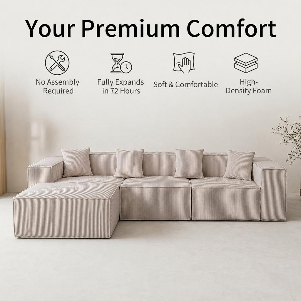Modular Corner Sleeper Sofa, 277 cm L-Shaped Cloud Sofa in Corduroy, Comfort Foam, No Assembly, Deep Seat, Convertible Sofa for Living Room, Beige