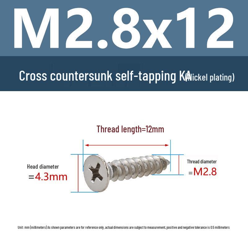 YiguYigu Nickel-Plated Phillips Flat Head Self-Tapping Screws M1-M5, Carbon Steel