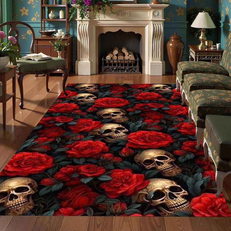 A Uniquely Designed Red Rose Skull Pattern Item Non Slip Floor Mat Living Rooms Bedrooms Outdoor Terraces Gardens or Courtyards