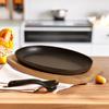 Cast Iron Skillet with Wooden Tray and Metal Spatula, for Grilled Fish and Grilling, Kitchen Essentials Oval Steak Pan