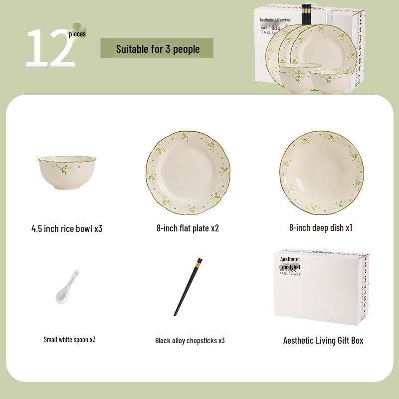 Small Daisy Ceramic Bowl and Plate Set – Underglaze Color Tableware for Dinner Gift Box Set