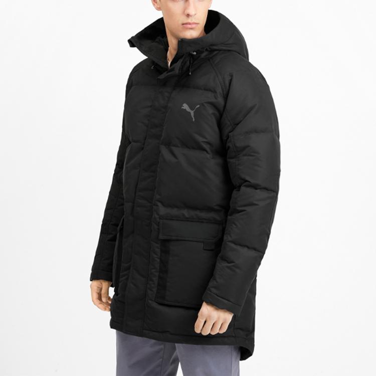 Puma Solid Color Logo Mid-Length Hooded Down Jacket Men Outerwear Black 580874-01