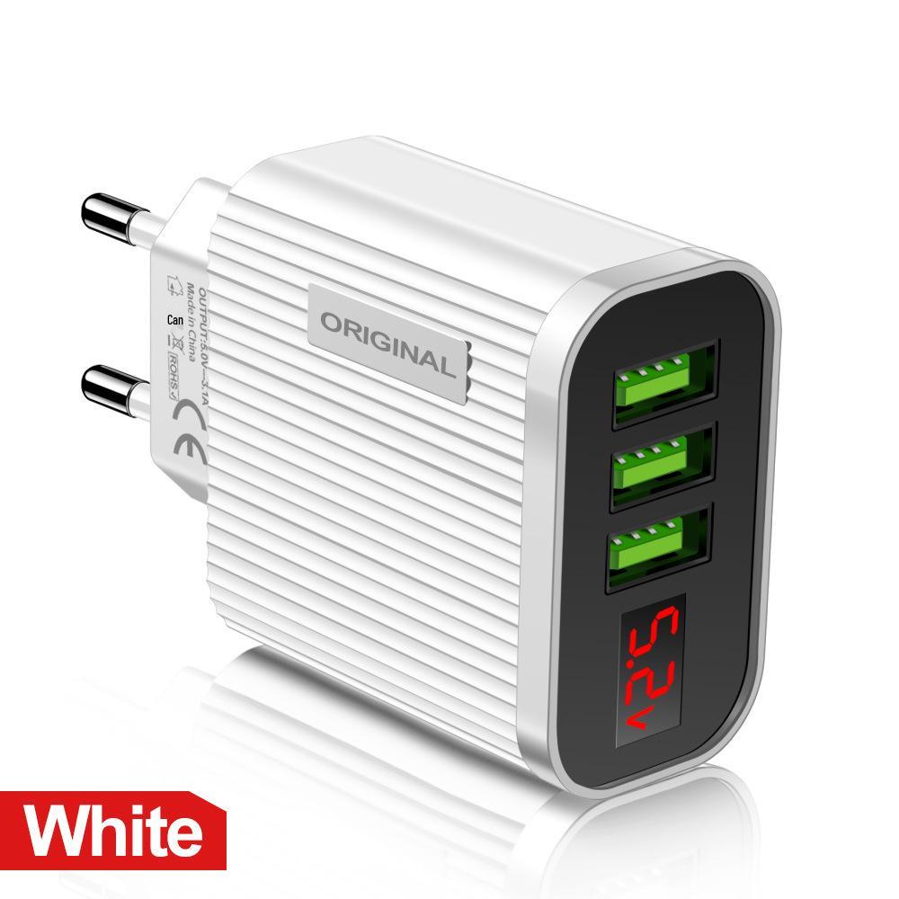 3-Port USB Charger with Digital Display, 2.1A, EU/US Plug, For Mobile Phones