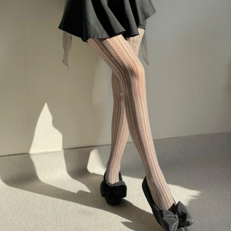 Elegant Hollowed Twist Striped Pattern Sheer Fishnet Stockings Aesthetic See Through Mesh Tights Pantyhose for Women
