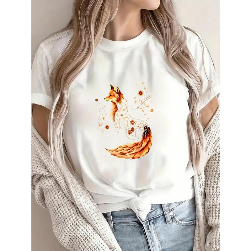 Women Casual T Shirt White Fox Floral Print Summer Top For Everyday Wear