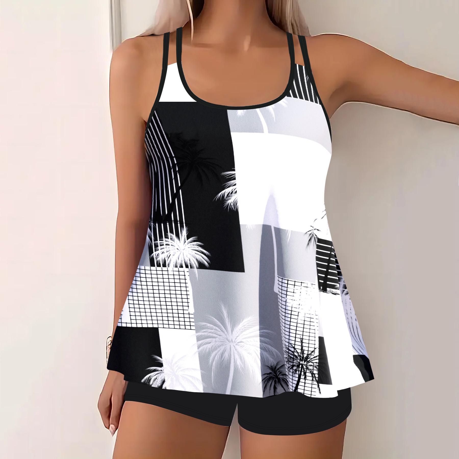 2026 Plus Size Teal Striped Polka Dot Tankini Set for Women S
