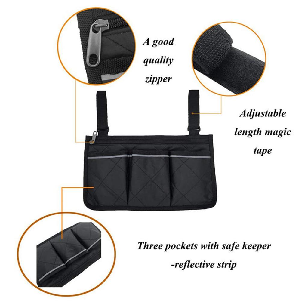 Armrest Storage Bag, Wheelchair Side Organizer with Cup Holder and Reflective Strip