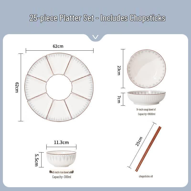 KANGMO 25-Piece Blue Line Ceramic Dinnerware Set