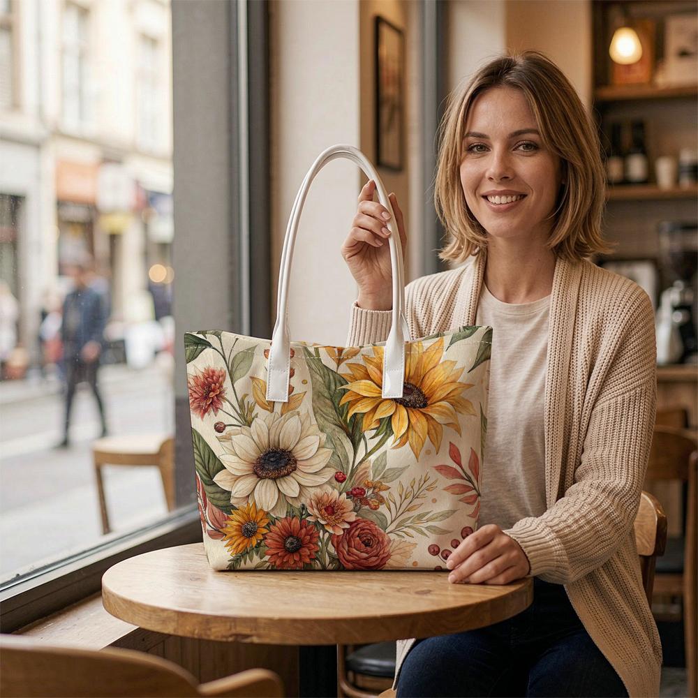 Sunflower Floral Printed Tote Bag Casual Daily Use Handbag Lightweight Aesthetic Shopping Carry Purse For Women