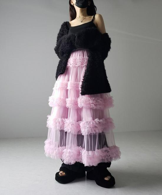 Japanese Style Spring/Summer Women's A-Line Midi Skirt with Anti-Exposure Hand-Stitched Three-Layer Net Yarn