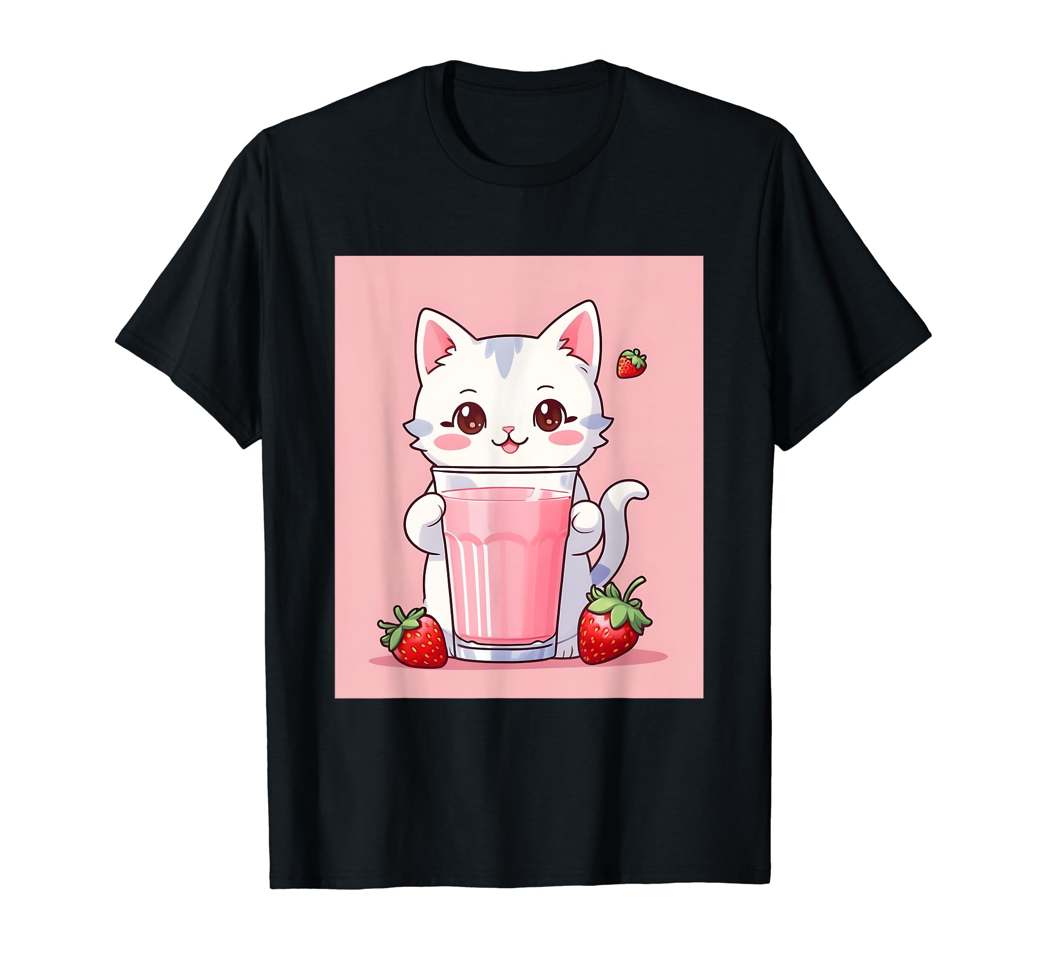 

strawberry things printed Kawaii, cat, milk, cute, Japanese, T-shirt чорний