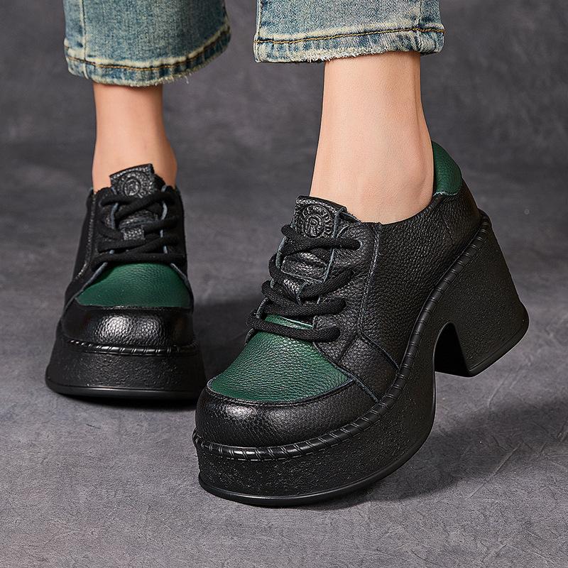 Fashion New Retro 7cm High Heels Women Shoes Flat Platform Thick Heels Shoes Mixed Colors Genuine Leather 2025 Luxury Lace Up Shoes