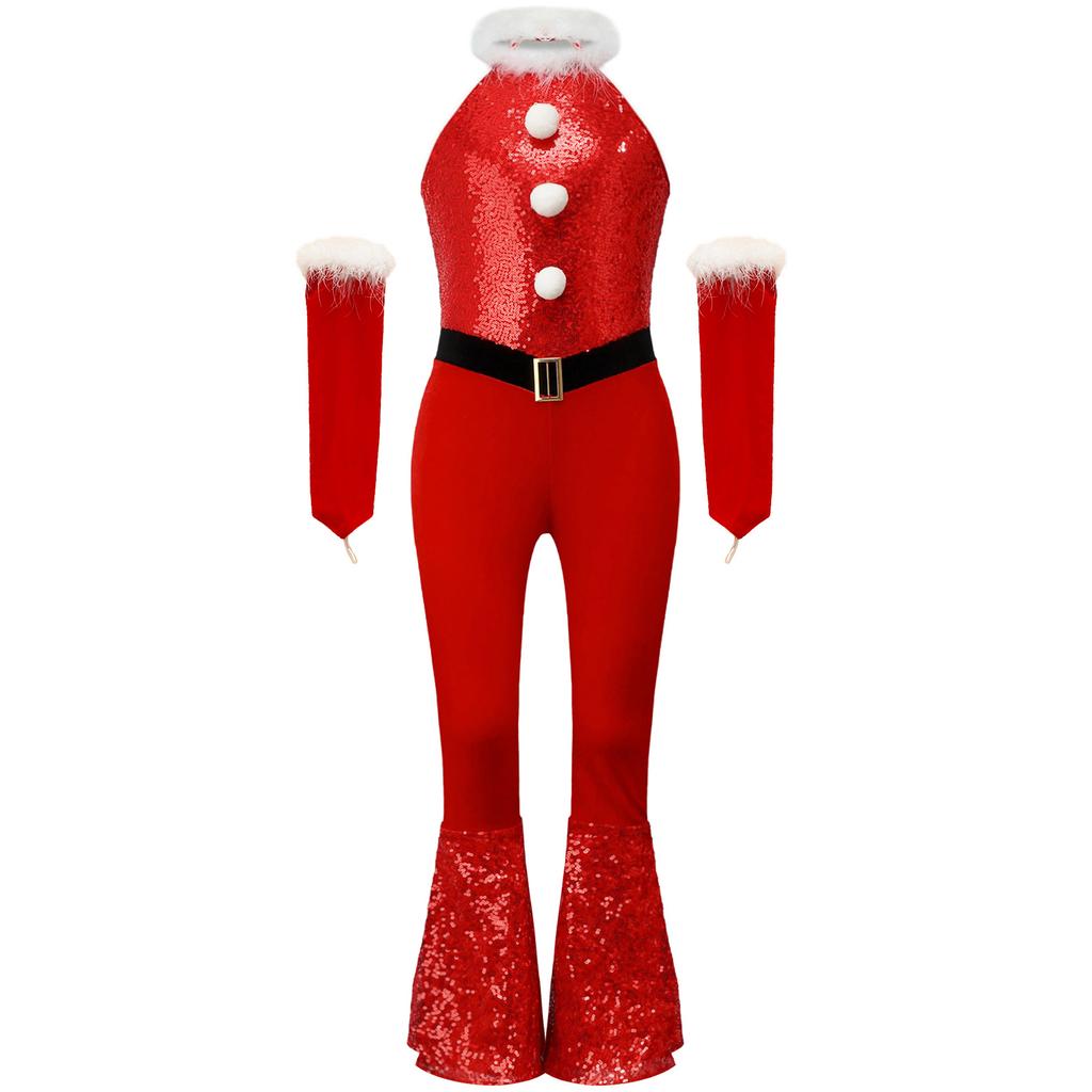 Girl Christmas Costume One Piece Sleeveless Velvet Bodysuit Plush Sequins Flared Jumpsuit Arm Sleeve Set