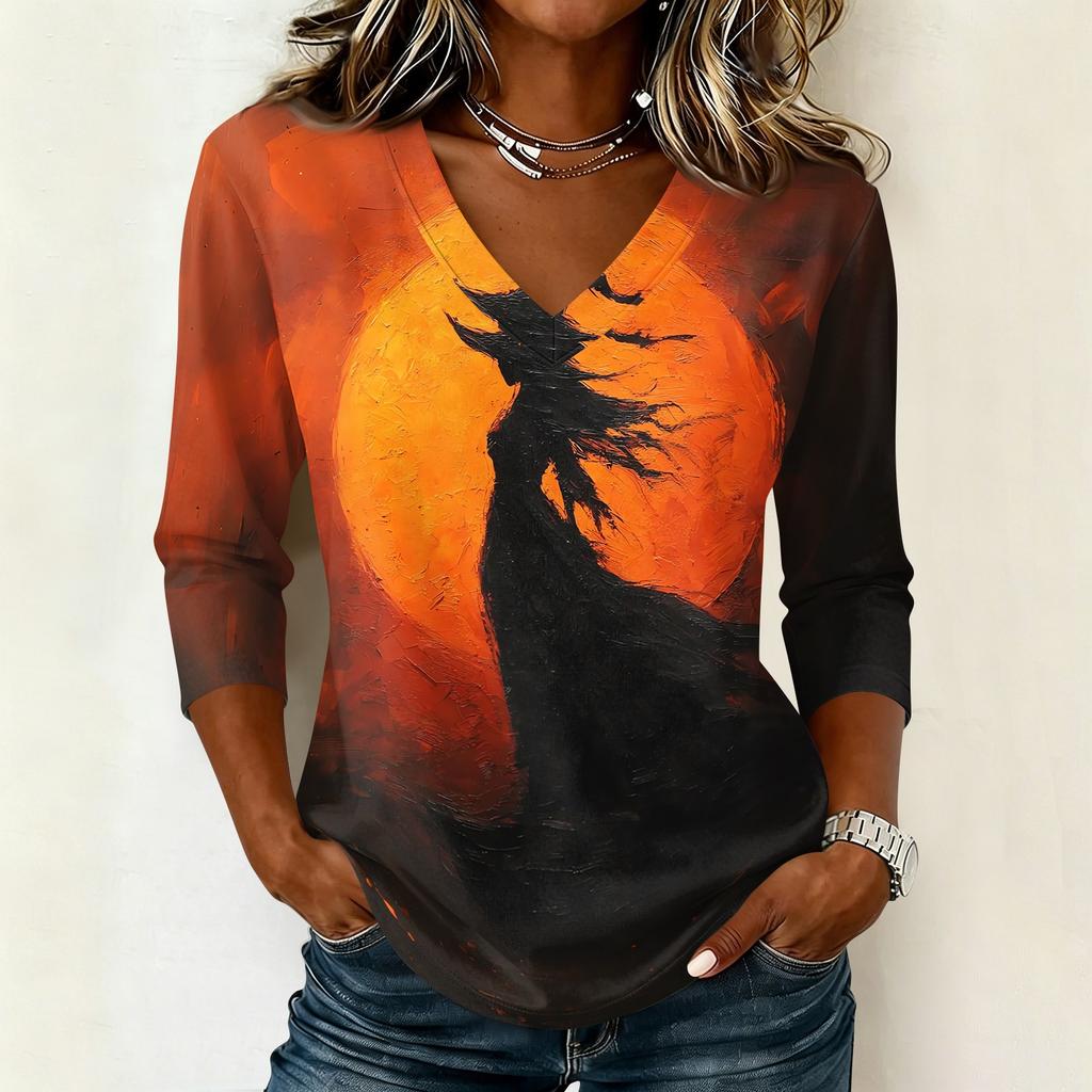 Womens Halloween Graphic V Neck T Shirt Casual 3/4 Sleeve Top Autumn Seasonal Print Loose Fit Pullover