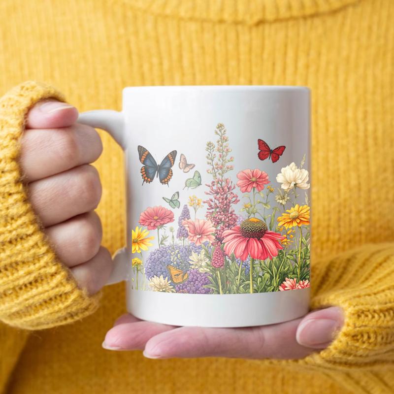 White flower garden ceramic cup with butterfly and wildflower design for coffee, tea or hot chocolate белый