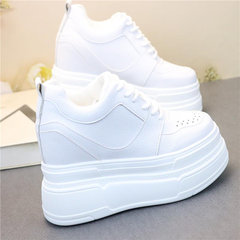 Móda 12CM Pravá kůže Silná podrážka Kotníkové boty Šněrovací Podzim Jaro Skryté podpatky Módní Vulkanizovaná obuv