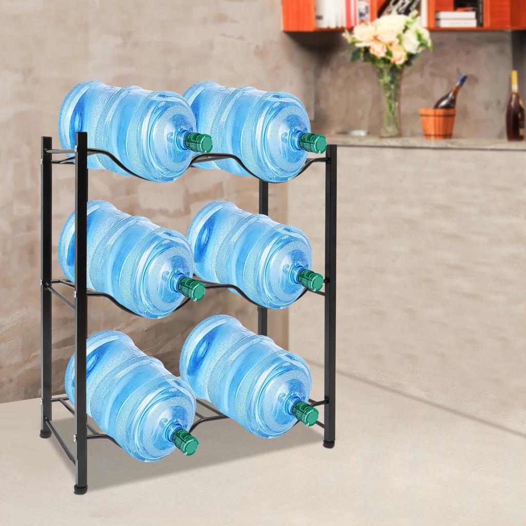 3-Tier Black Water Bottle Rack – 5 Gallon Water Jug Holder – Sturdy Steel Floor Standing Organizer W/ 6 Slots for Home & Office