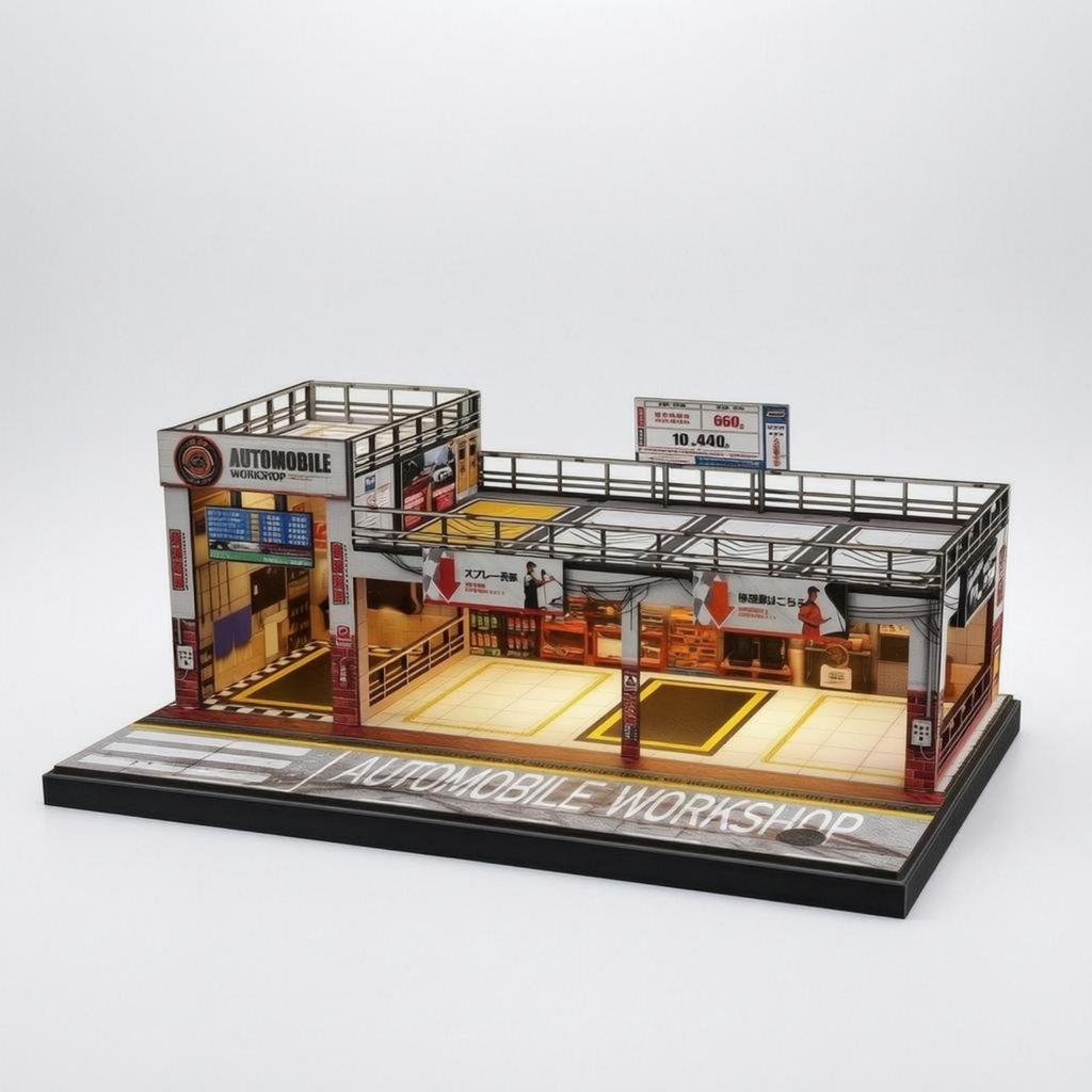 Miniature Parking Workshop 1:64 Scale DoubleLayer Model Rooftop Railings Garage Building